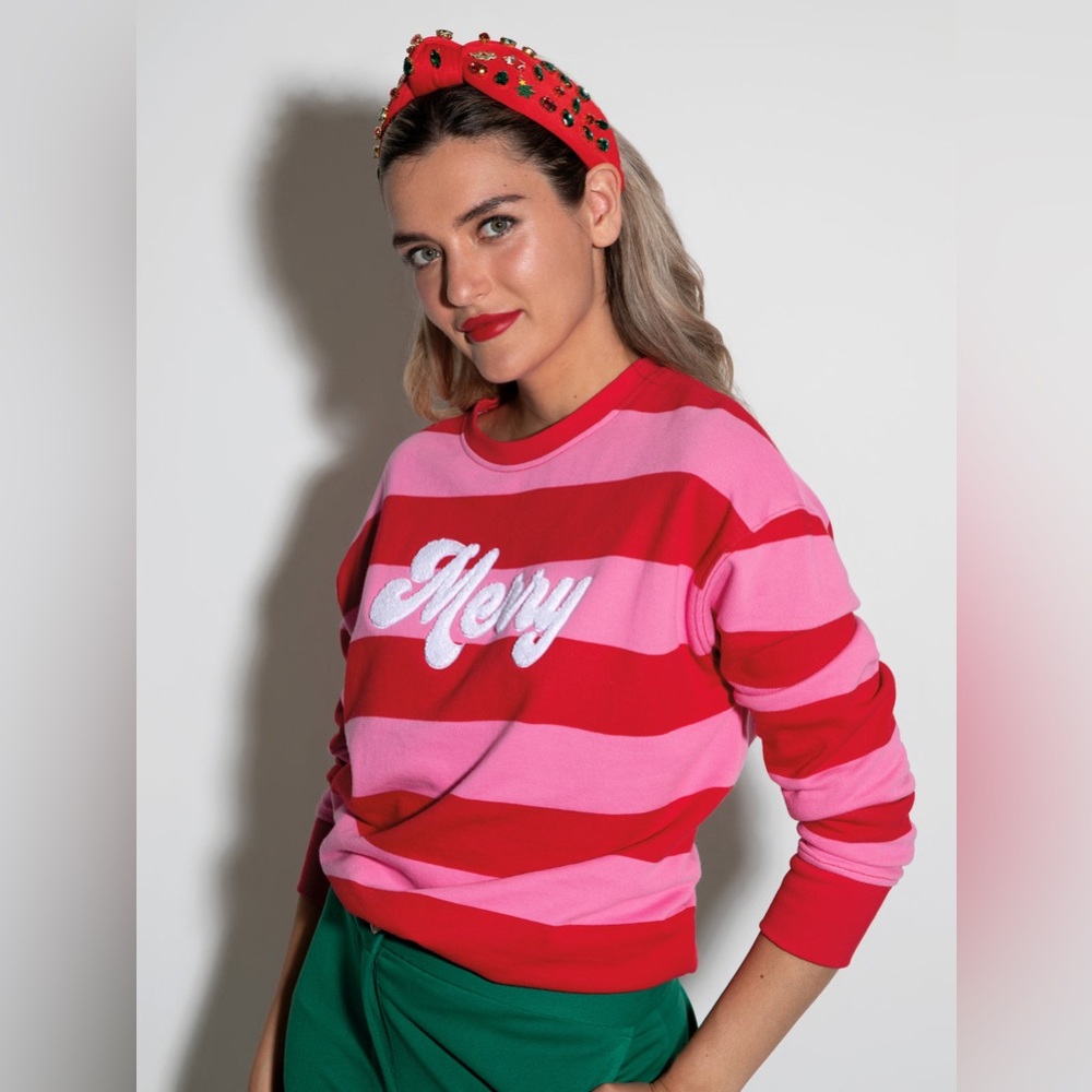 Shiraleah "Merry" Pink & Red Stripe Long Sleeve Classic Sweatshirt Womens XL